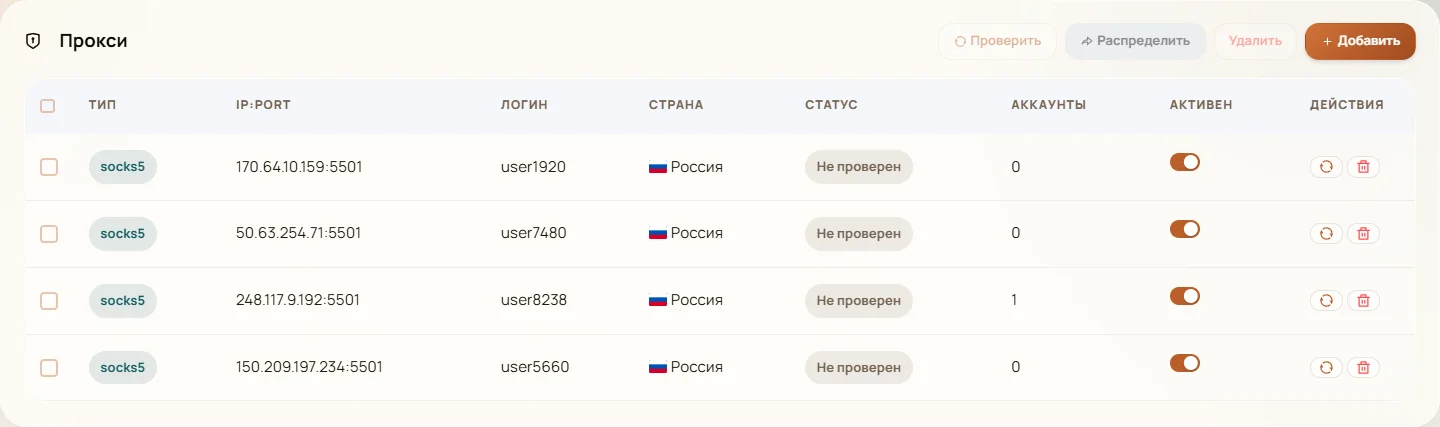 Таблица прокси MaxPanel